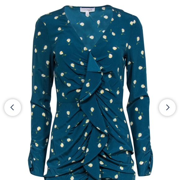 Intermix Teal Floral Long Sleeve Silk Mini Dress - Picture 9 of 9